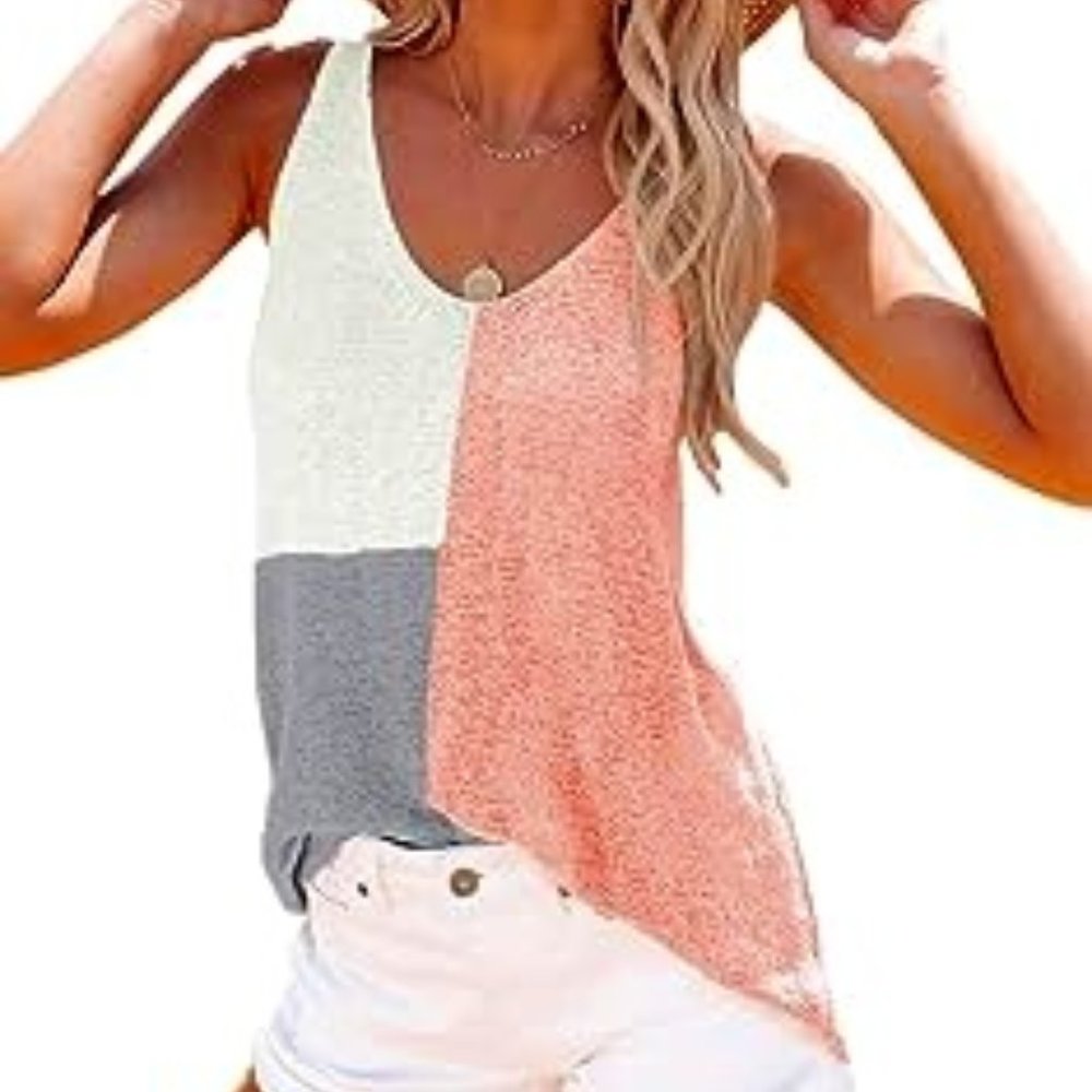 Pink, Purple Sweater V Neck Sleeveless Patchwork Color Block Knit Camisole Top